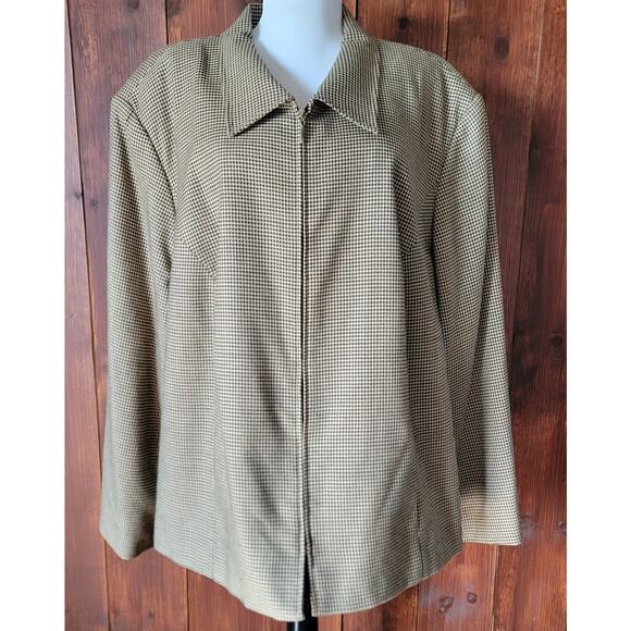 Vintage Joan Leslie Women Plus 24W Houndstooth Blazer Tan Black Shoulder Pad Zip - Picture 2 of 12